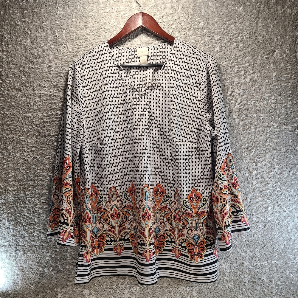 CHICOS Women Large, 2 Tunic Top Polyester Bell Sleeve Polka dot Floral